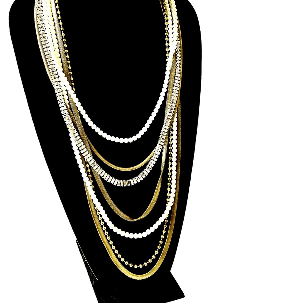 CHICO’s Lux Brass, Pearl & Channel-set Crystal Layered Statement Necklace NWT - Picture 4 of 9